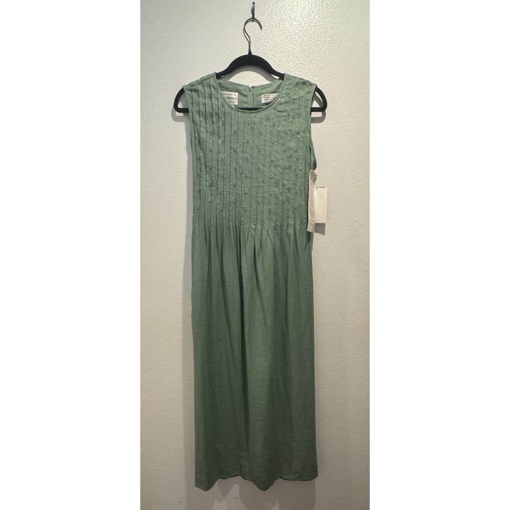 Karin Stevens Embroidered Floral Dress Women’s Size 8 Maxi Linen Blend Green‎